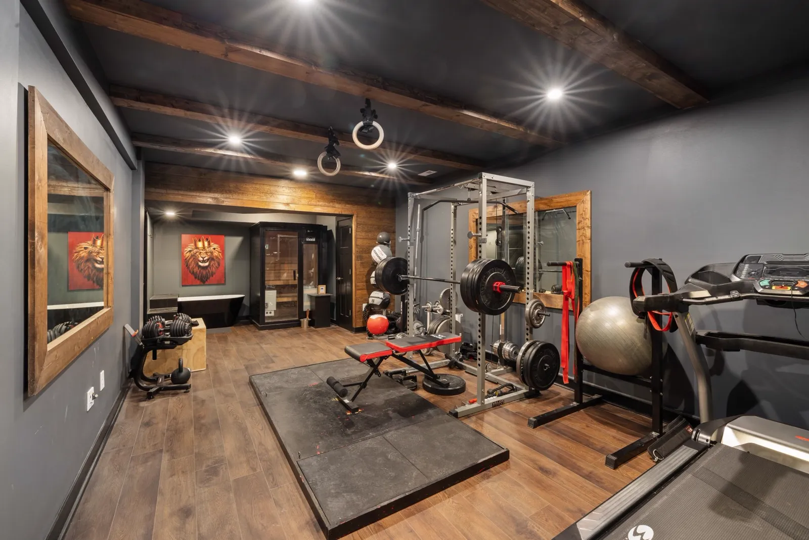 A gym room under spotlights with a squat rack, a weight bench on a lifting platform, racked dumbbells and a treadmill.
